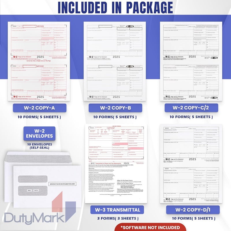 Dutymark W2 Tax Forms 2025 IRS-Compatible 4 Part W2 Forms for 10 Employees - Compatible with Quickbooks Software & Laser, Inkjet Printers - 3 W3 Forms incuded, and 10 Self-Sealing Envelopes - Image 2